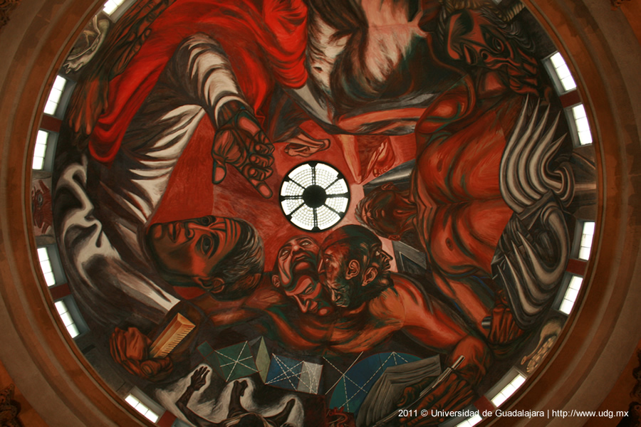 Cuatro figuras humanas representando docencia, técnica, ciencia y rebeldía, funciones esenciales de la Universidad