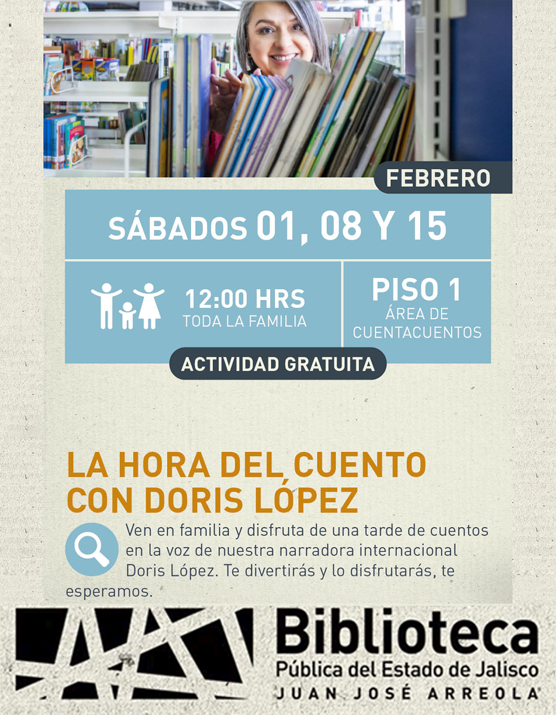 Cartel de La hora del cuento con Doris López