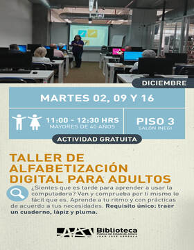 Cartel de la Alfabetización digital para adultos. Dirigido a mayores de 40 años