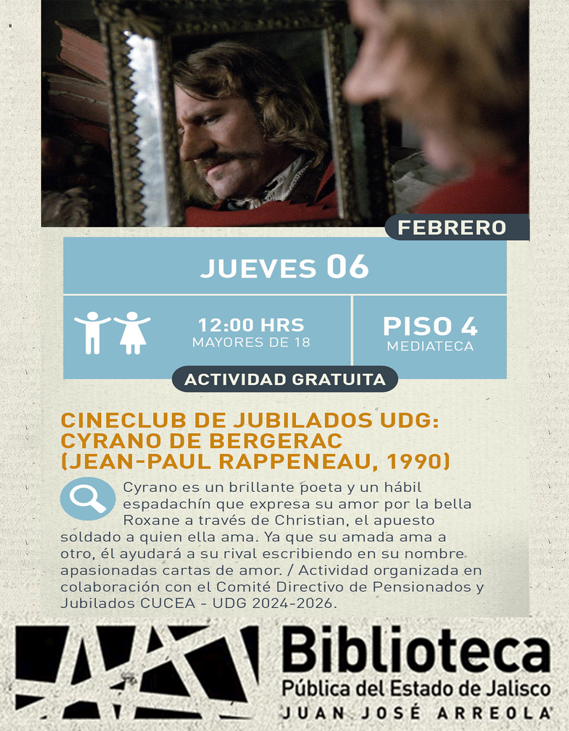 Cartel del cineclub de jubilados UDG: Cyrano de Bergerac (Jean-Paul Rappeneau, 1990)