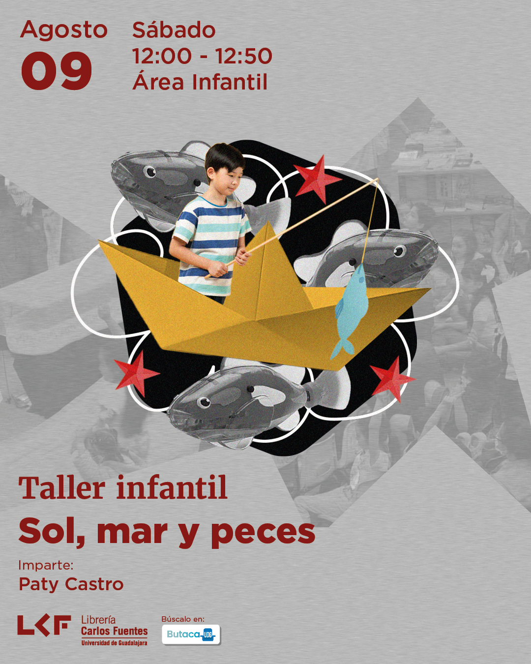 Cartel del Taller infantil. Título Sol, mar y peces