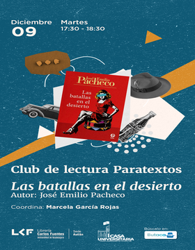 Cartel del Club de lectura “Paratextos”. Título: Las batallas en el desierto