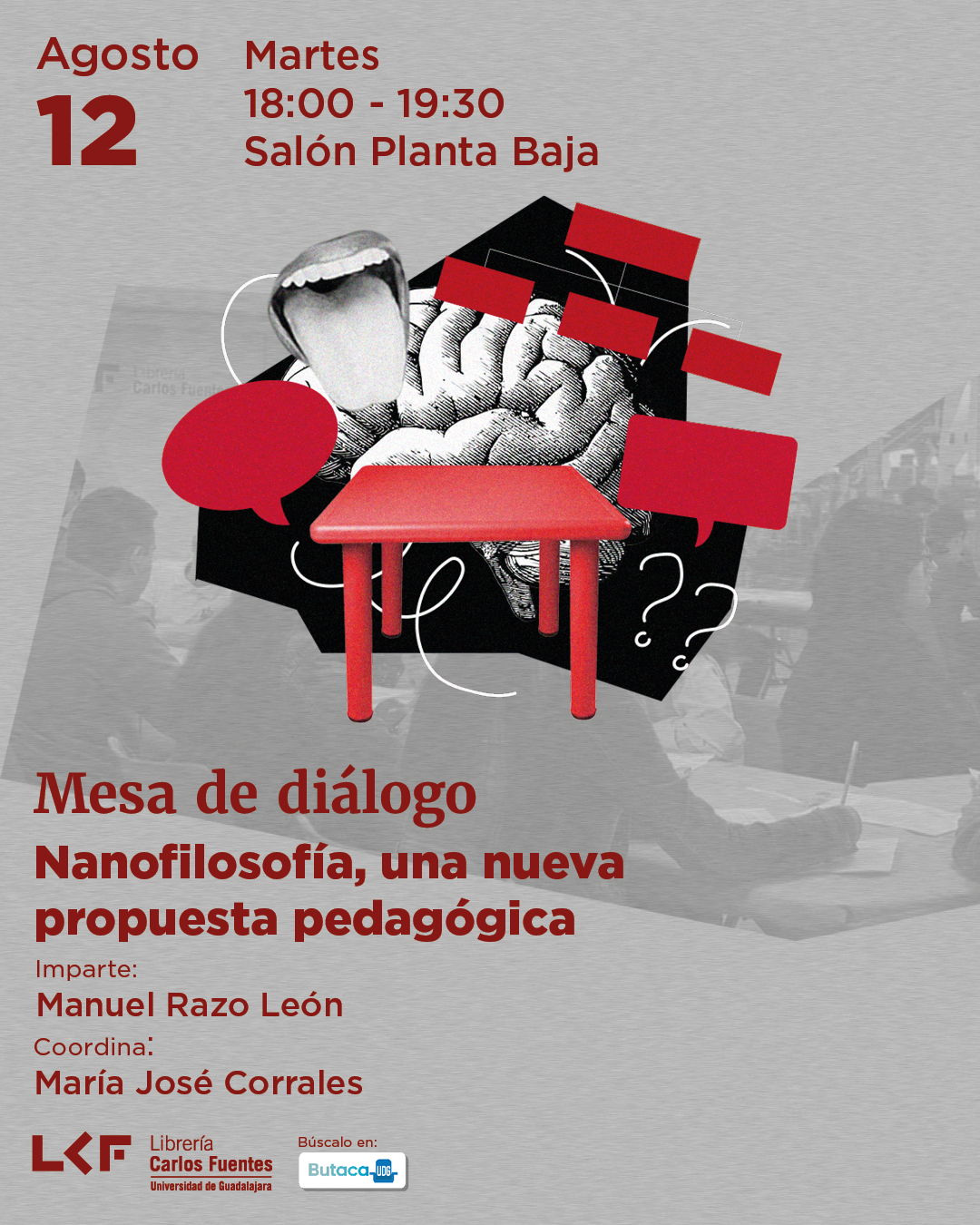 Cartel de la Mesa de diálogo. Título Nanofilosofía, una nueva propuesta pedagógica