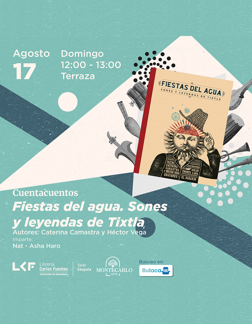 Cartel del Cuentacuentos. Título Fiestas del agua. Sones y leyendas de Tixtla