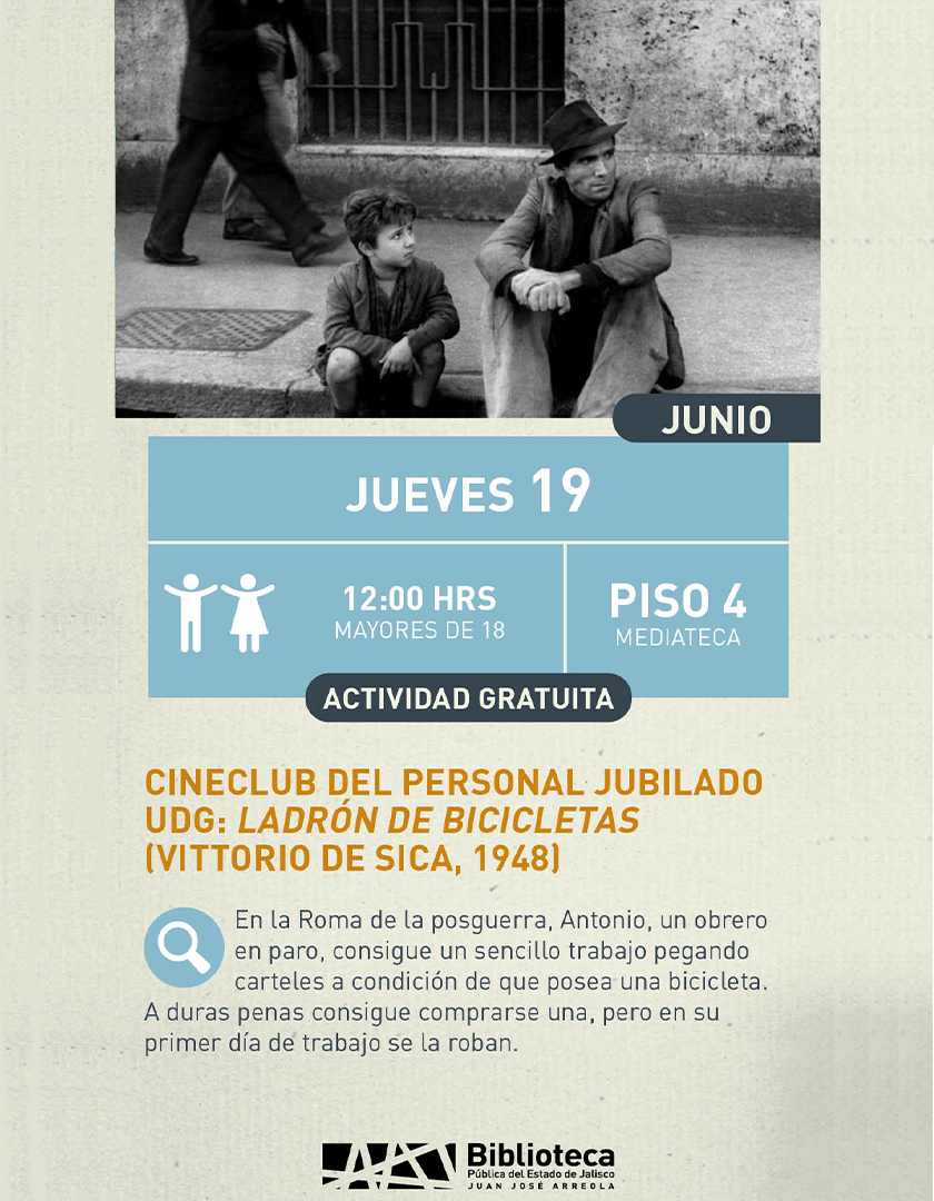 Cartel del Cineclub del personal jubilado UDG: Ladrón de bicicletas 