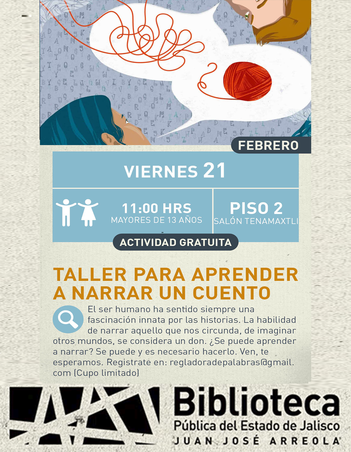 Cartel del Taller para aprender a narrar un cuento