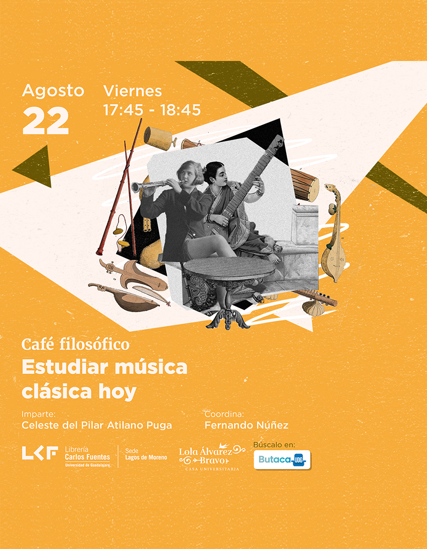 Cartel del Café filosófico. Título Estudiar música clásica hoy