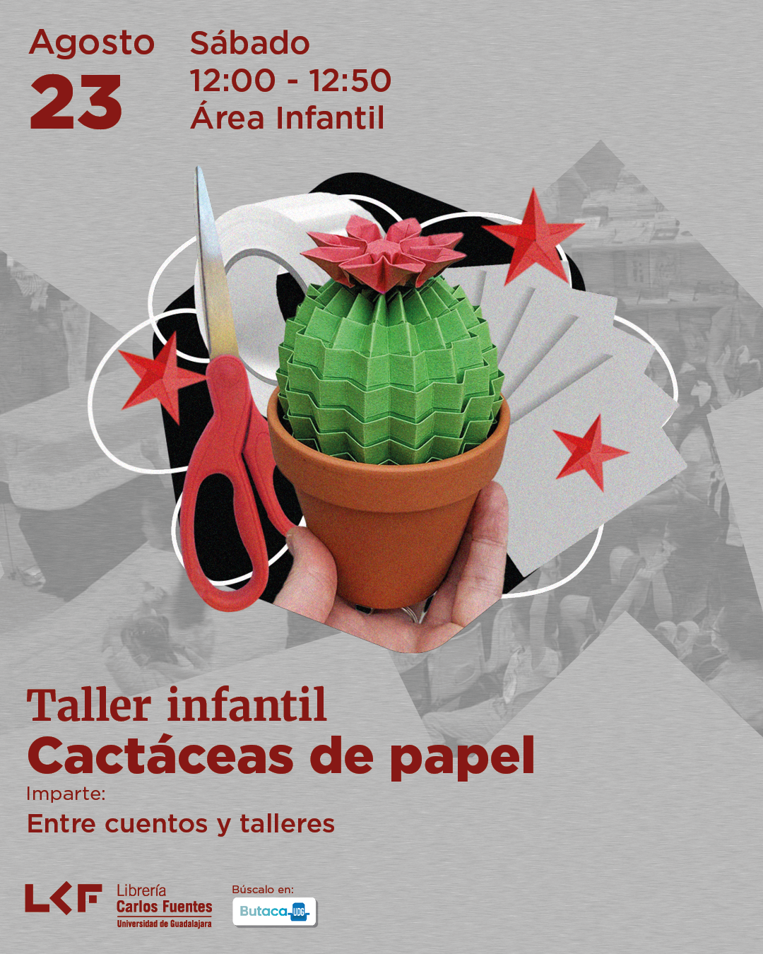Cartel del Taller infantil. Título Cactáceas de papel