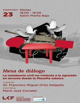 Cartel de Mesa de diálogo. Título: La resistencia civil no-violenta a la agresión en Ucrania desde la filosofía estoica