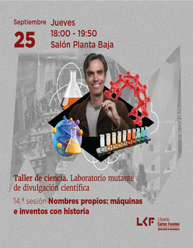 Cartel del Taller de ciencia. Laboratorio mutante de divulgación científica: 14.ª sesión. Nombres propios: máquinas e inventos con historia