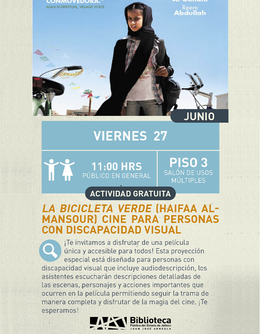 Cartel de La bicicleta verde (Haifaa al-Mansour). Cine para personas con discapacidad visual
