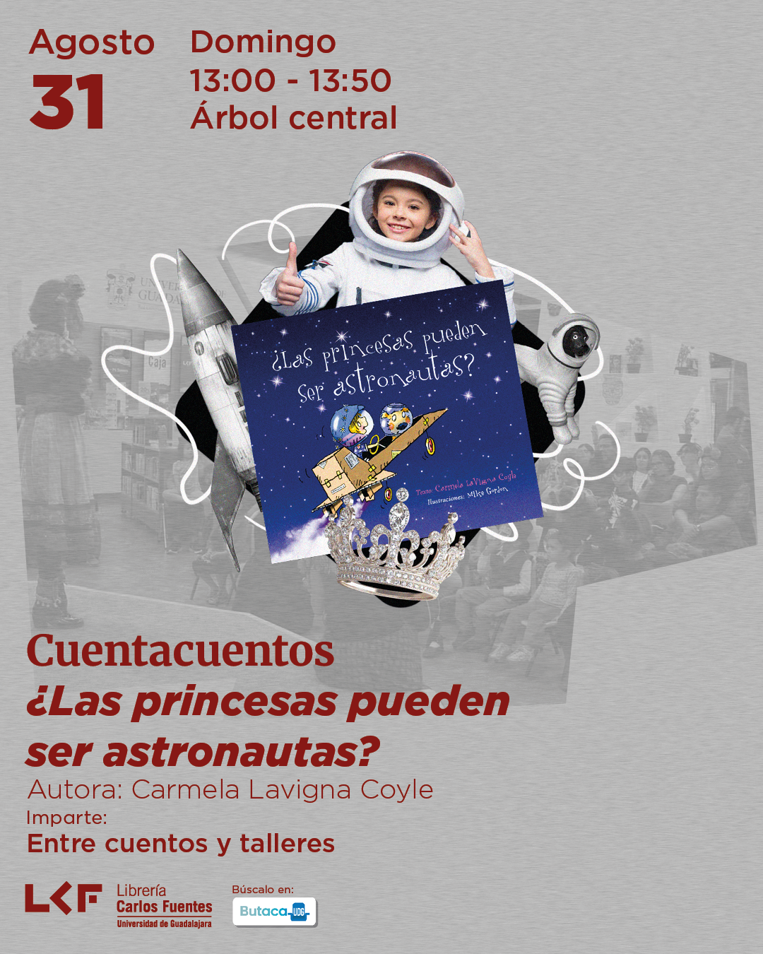 Cartel del Cuentacuentos. Título ¿Las princesas pueden ser astronautas?