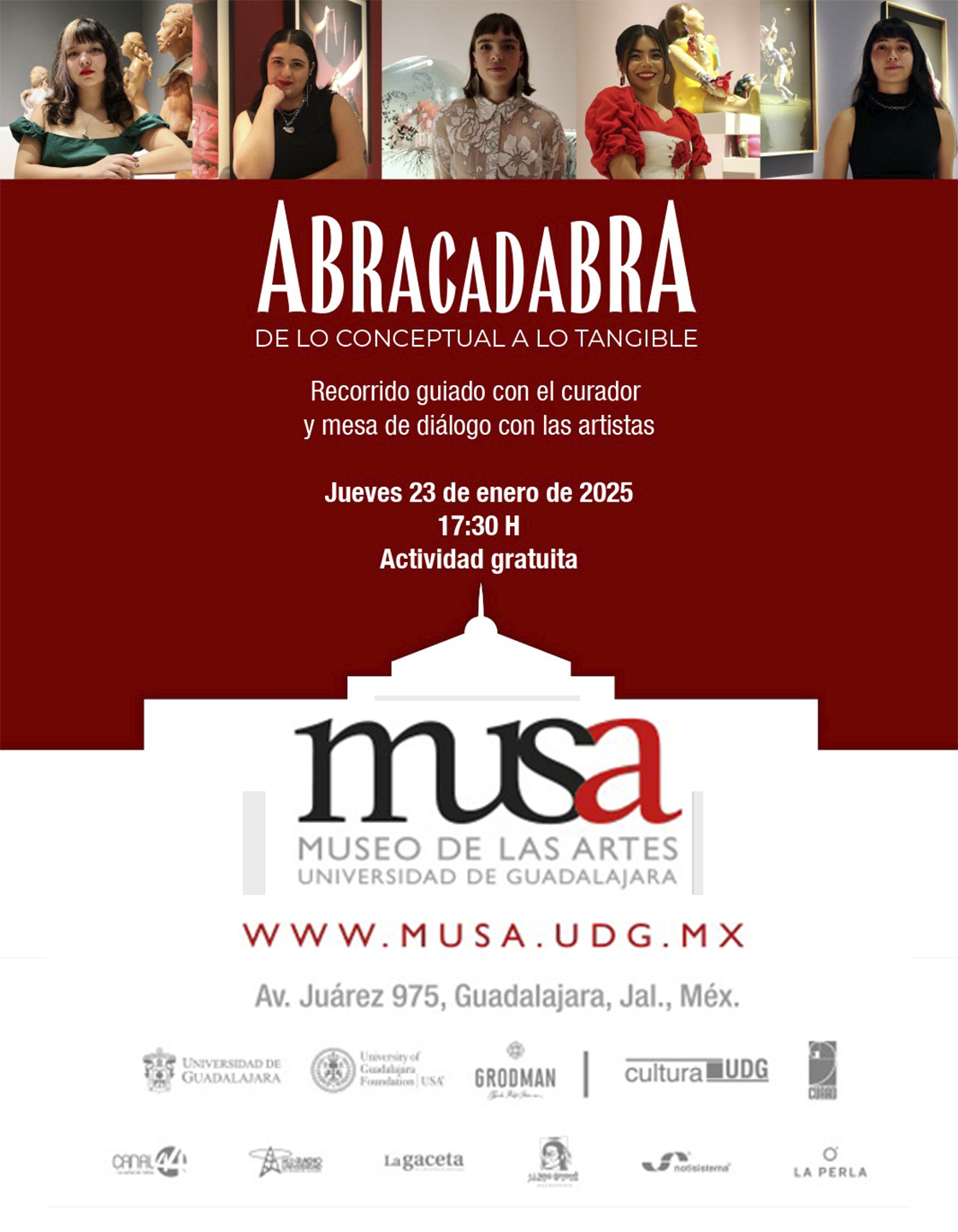 Cartel de Abracadabra: de lo conceptual a lo tangible. Recorrido guiado con el curador y mesa de diálogo con las artistas