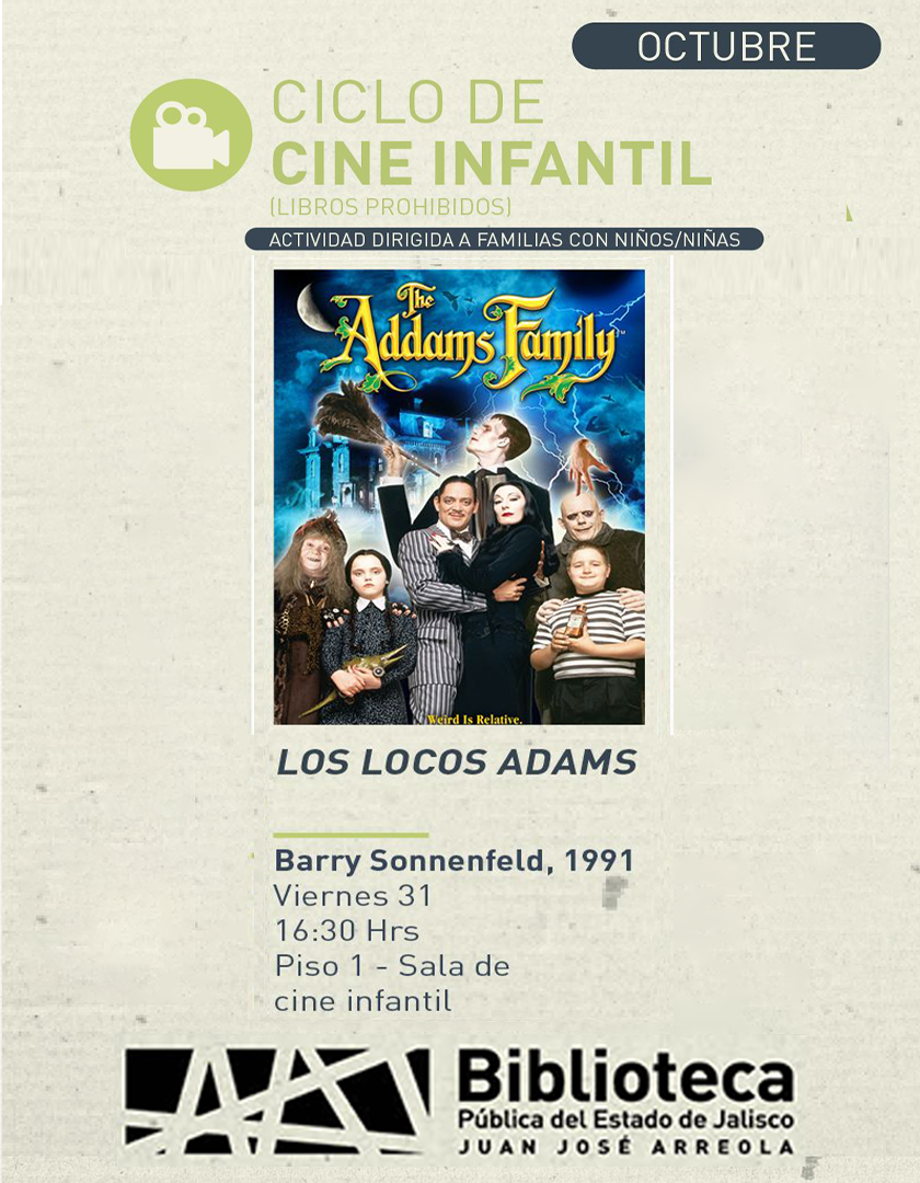 Cartel del Ciclo de cine infantil. Proyección de la cinta, Los locos Adams