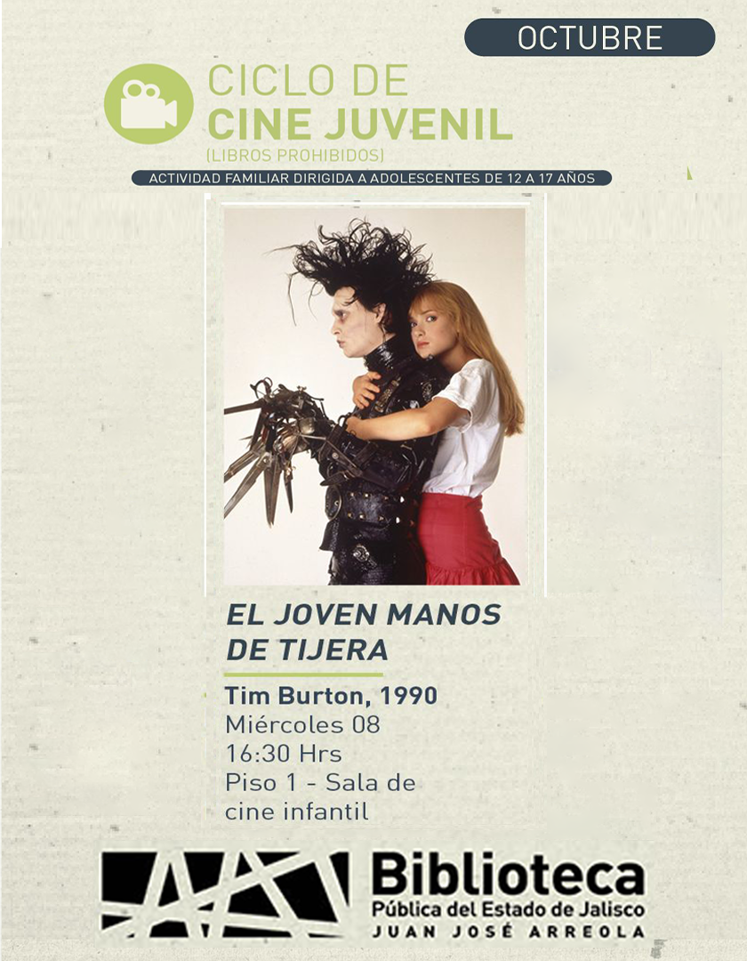 Cartel del Ciclo de cine juvenil. Proyección de la cinta, El joven manos de tijera