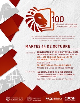 Cartel del Conversatorio "Memoria y fundamento: Universidad y Biblioteca en la historia de Jalisco"