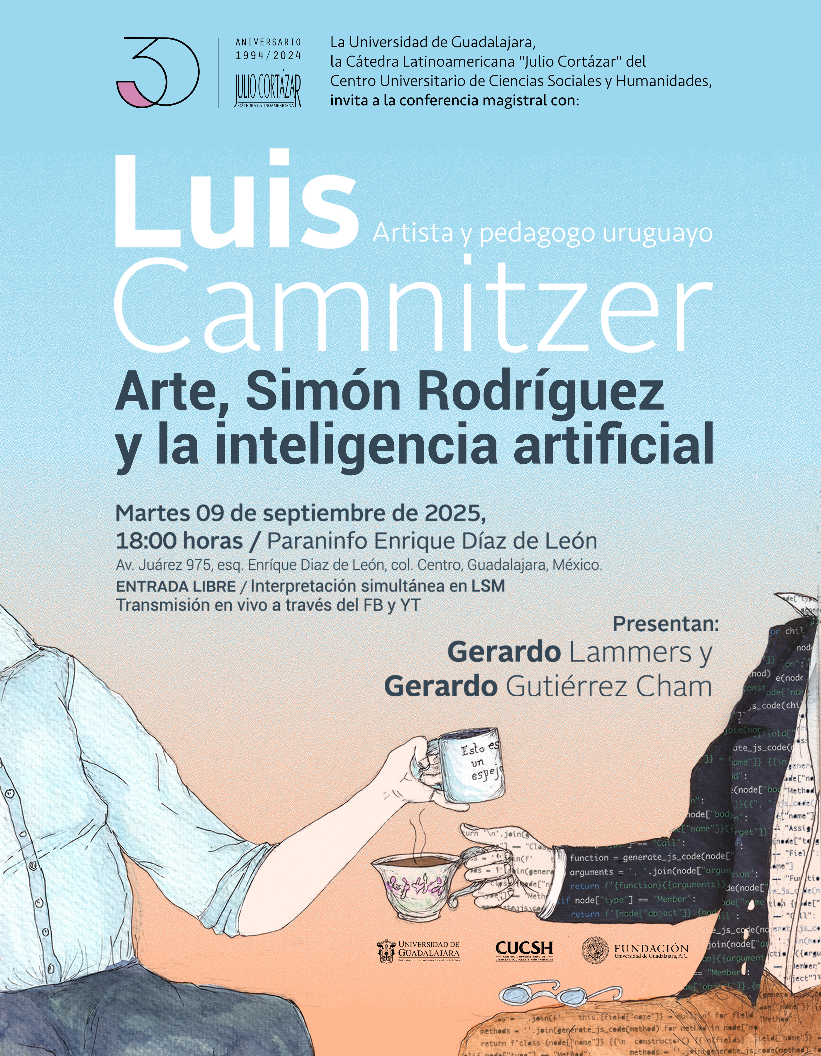 Cartel de la Cátedra Latinoamericana Julio Cortázar con Luis Camnitzer, artista y pedagogo uruguayo