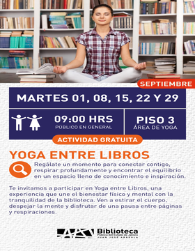 Cartel de Yoga entre libros