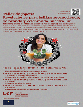 Cartel de Taller de joyería. Revelaciones para brillar: reconociendo, valorando y celebrando nuestra luz.  1.ª. sesión: Luz Interior. Primera revelación Contacto contigo misma.