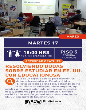 Cartel de Resolviendo dudas sobre estudiar en EE.UU. con EducationUSA