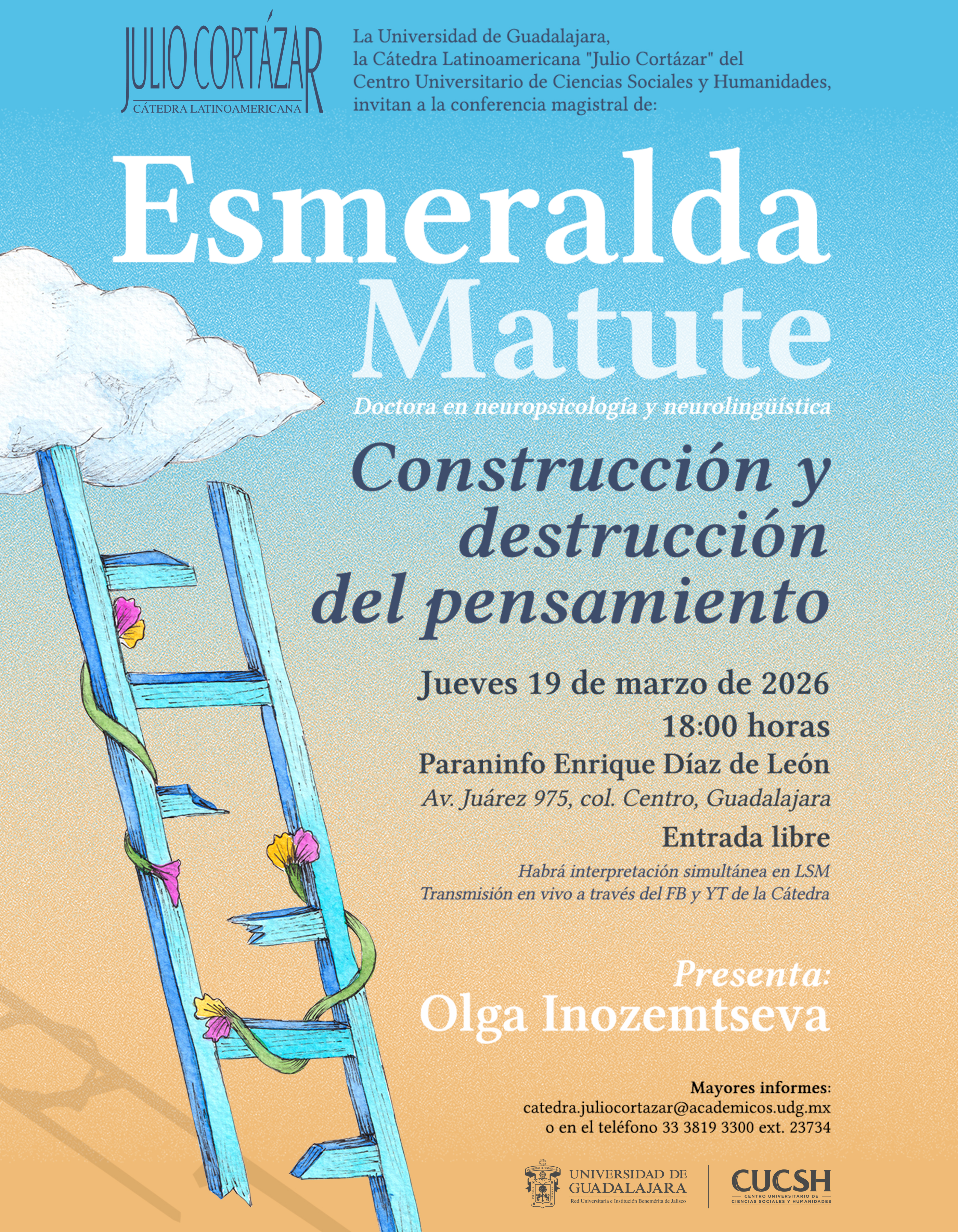 cartel de Cátedra Latinoamericana Julio Cortázar con Esmeralda Matute, Doctora en neuropsicología y neurolingüística