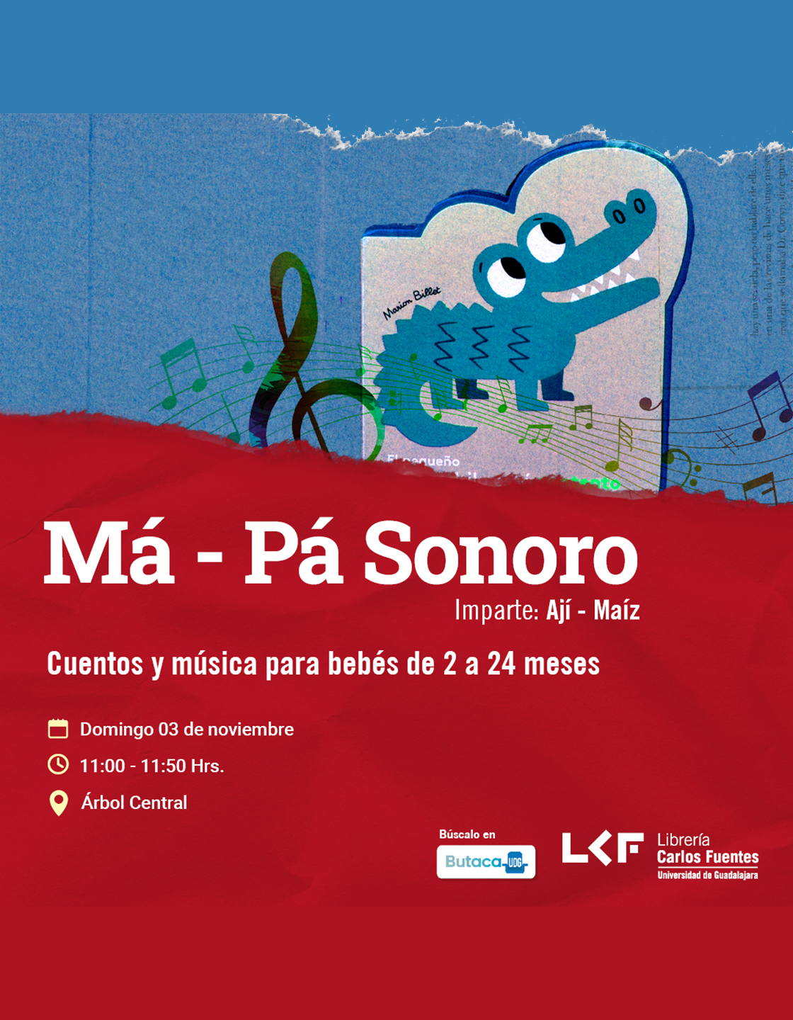 Cartel del Cuentos y música para bebés de 2 a 24 meses. Título: Má – Pá Sonoro