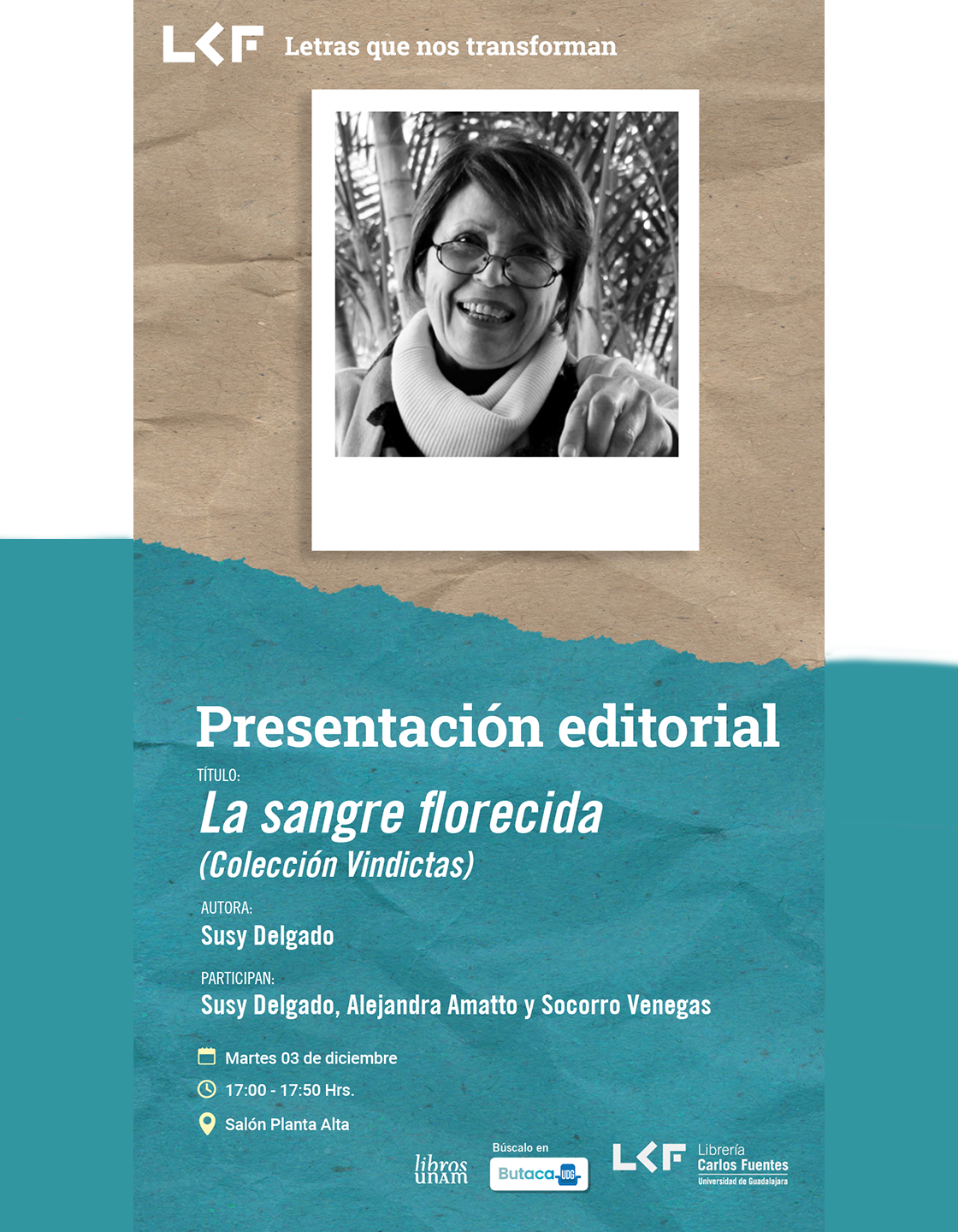 Cartel de la Presentación editorial. Título: La sangre florecida (Colección Vindictas)