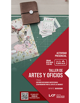 Grafico del Taller de Artes y Oficios. Título: "Creando Recuerdos Matryoshka: Scrapbooking para el Día de las Madres".