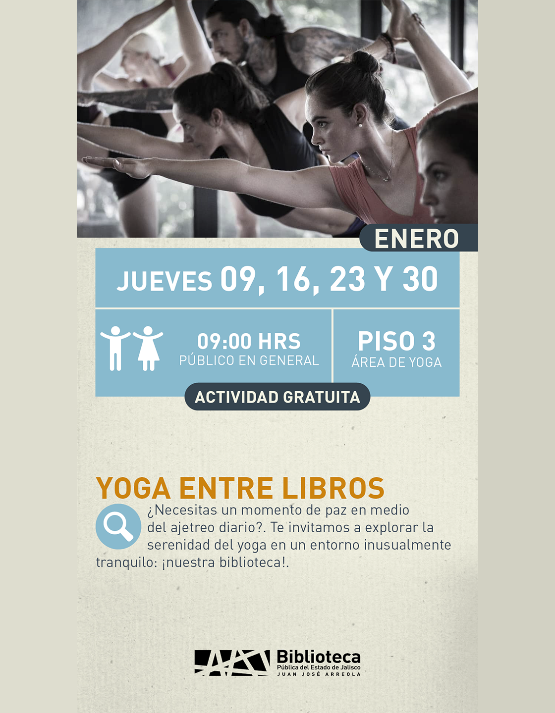 Cartel de Yoga entre libros
