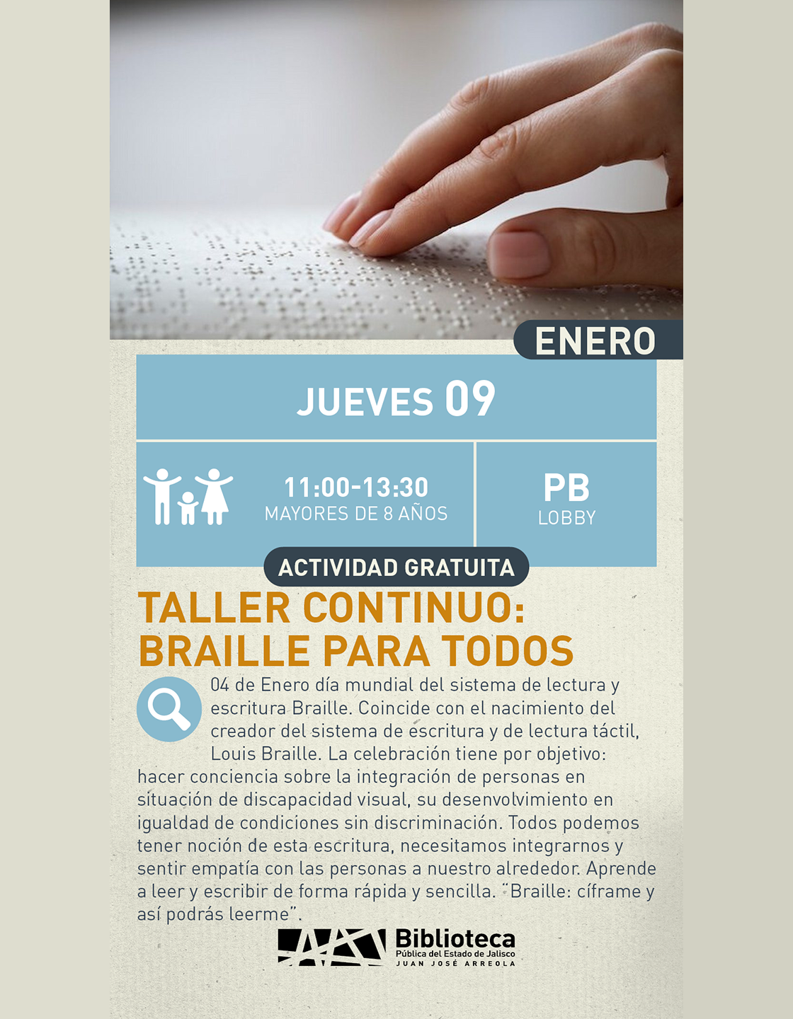 Cartel del Taller continuo: Braille para todos