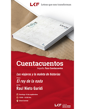 Cartel del Cuentacuentos "Los viajeros y la maleta de historias".  Título: El rey de la nada