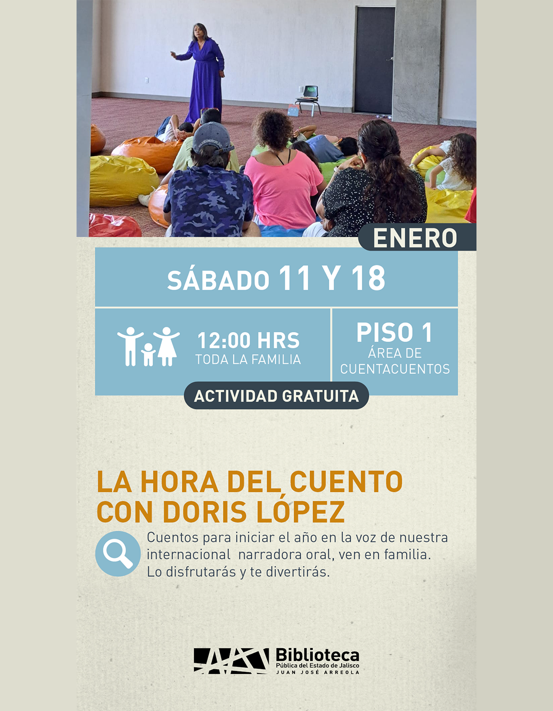 Cartel de La hora del cuento con Doris López