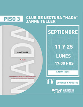 Cartel del Club de lectura “Nada”, con Janne Teller