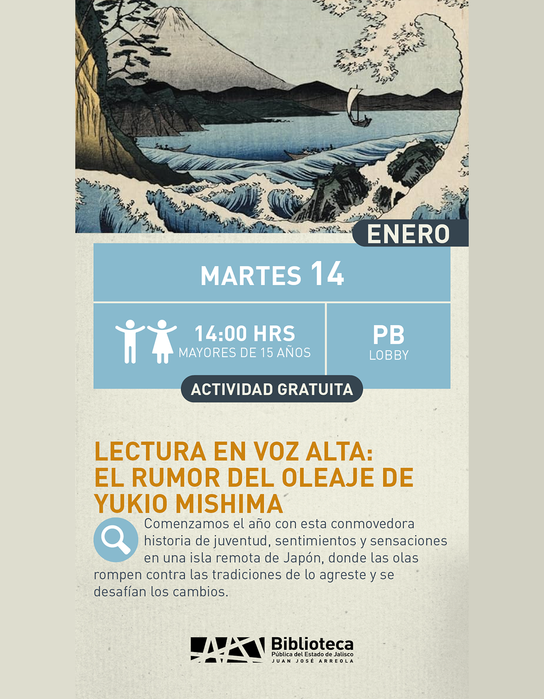 Cartel de Lectura en voz alta: El rumor del oleaje de Yukio Mishima