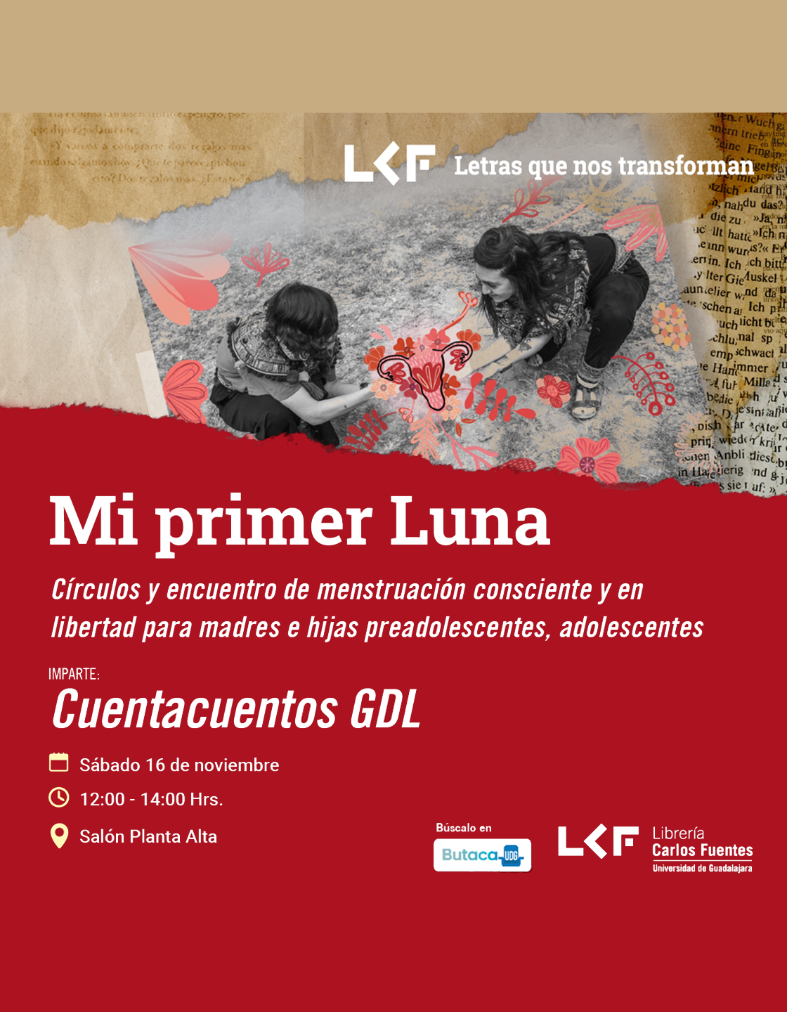 Cartel de "Mi primer luna". Título: "Círculos y encuentro de Menstruación Consciente y en Libertad para madres e hijas preadolescentes, adolescentes"