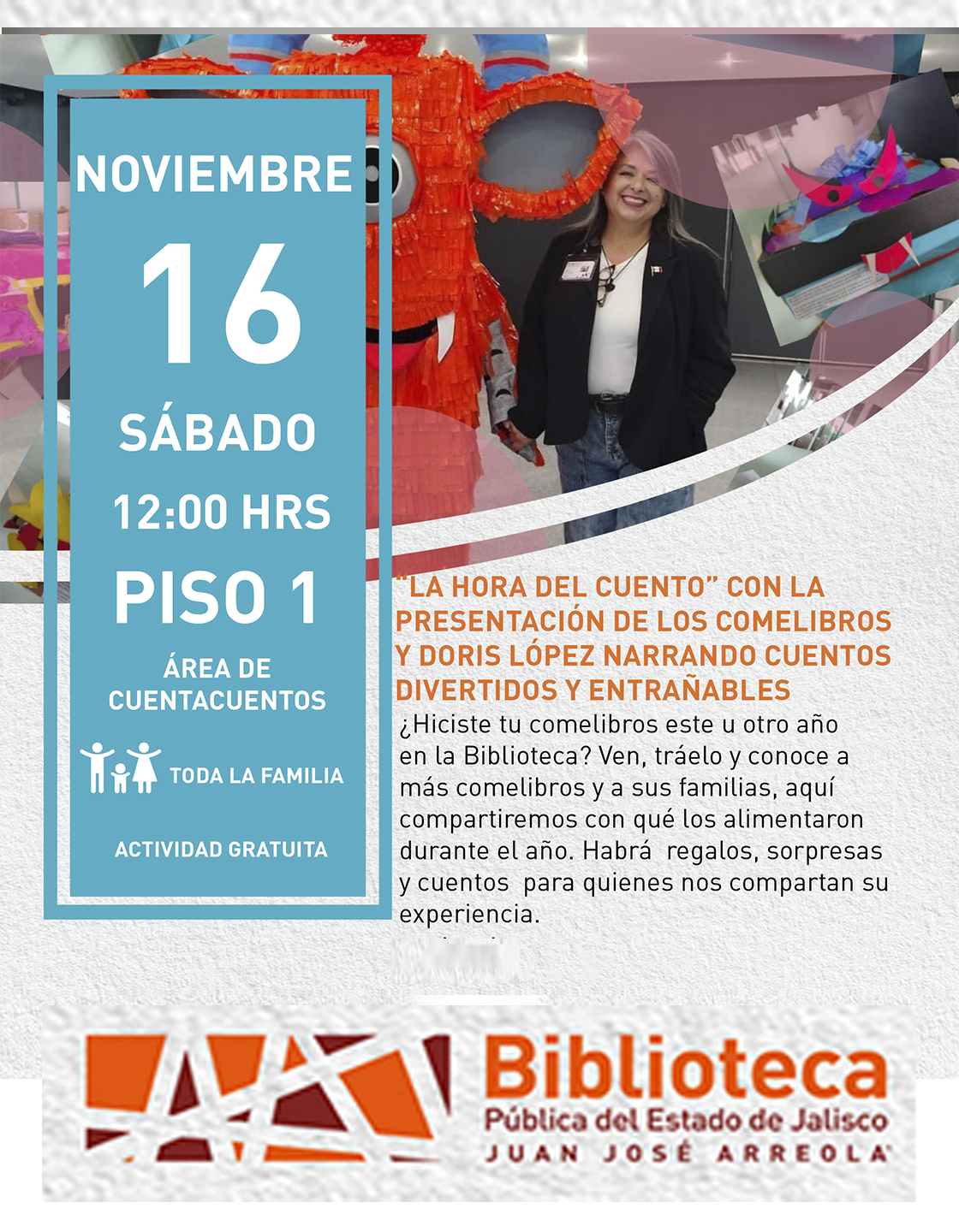 Cartel de La hora del cuento con la presentación de los comelibros y Doris López narrando cuentos divertidos y entrañables