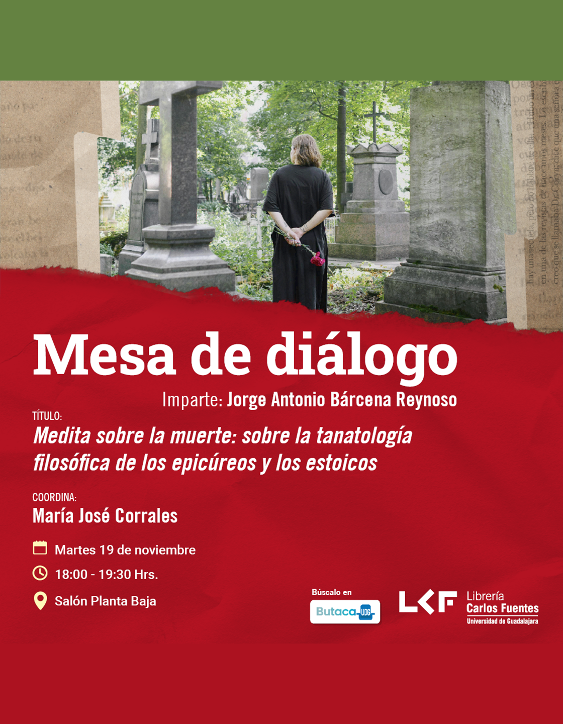 Cartel de la Mesa de diálogo. Título: Medita sobre la muerte: sobre la tanatología filosófica de los epicúreos y los estoicos
