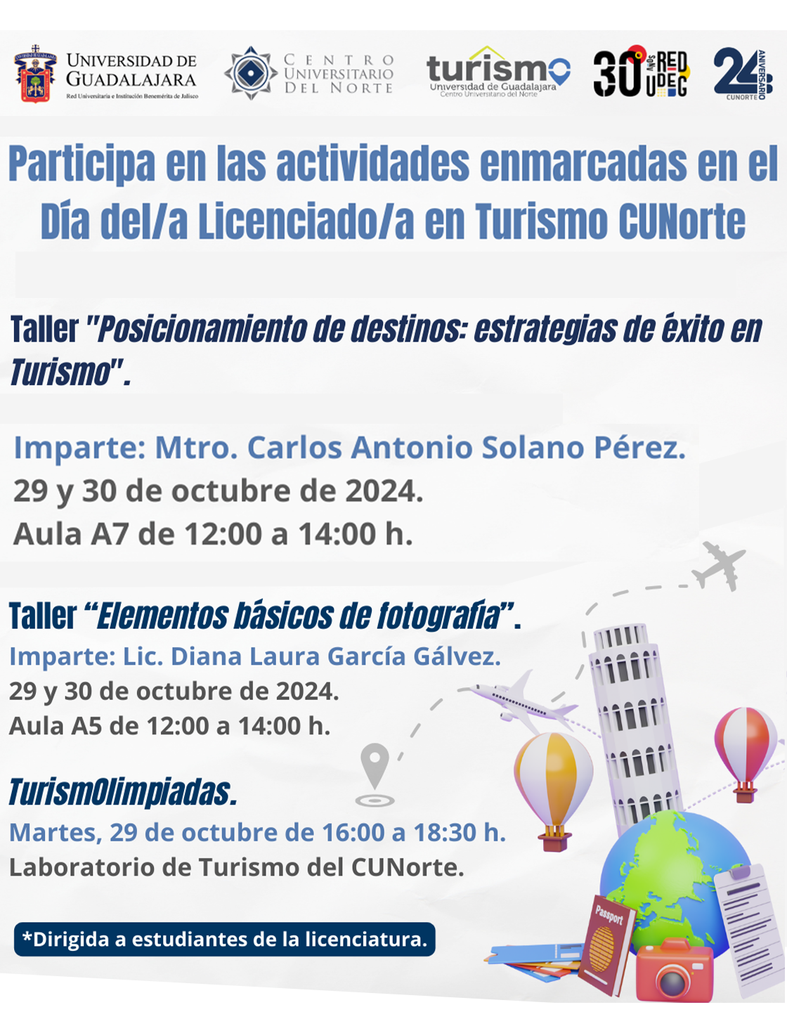 Cartel de Participa en las actividades enmarcadas en el Día del/a Licenciado/a en Turismo CUNorte