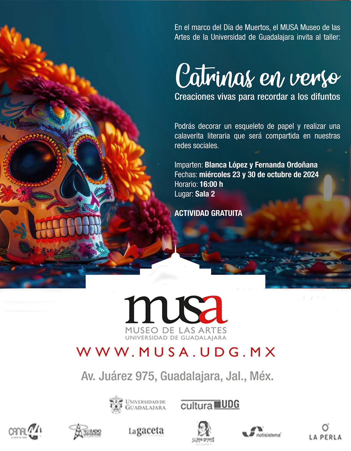 Cartel del Taller: Catrinas en verso. Creaciones vivas para recordar a los difuntos
