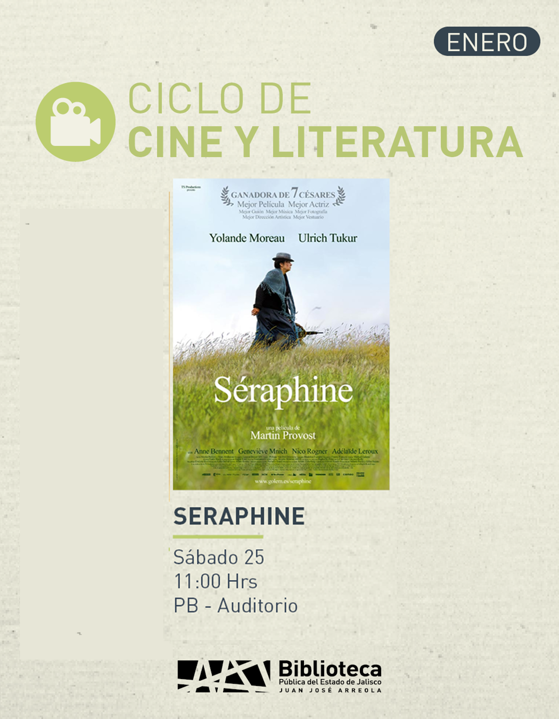 Cartel del Ciclo de cine y literatura. Proyección de la cinta: Seraphine
