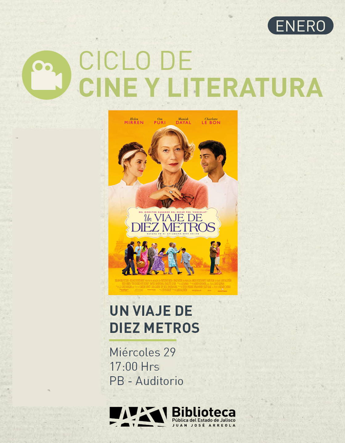 Cartel del Ciclo de cine y literatura. Proyección de la cinta: Un viaje de diez metros
