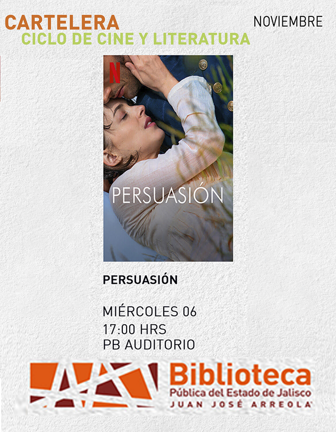 Cartel del Ciclo de cine y literatura. Proyección de la cinta: Persuasión