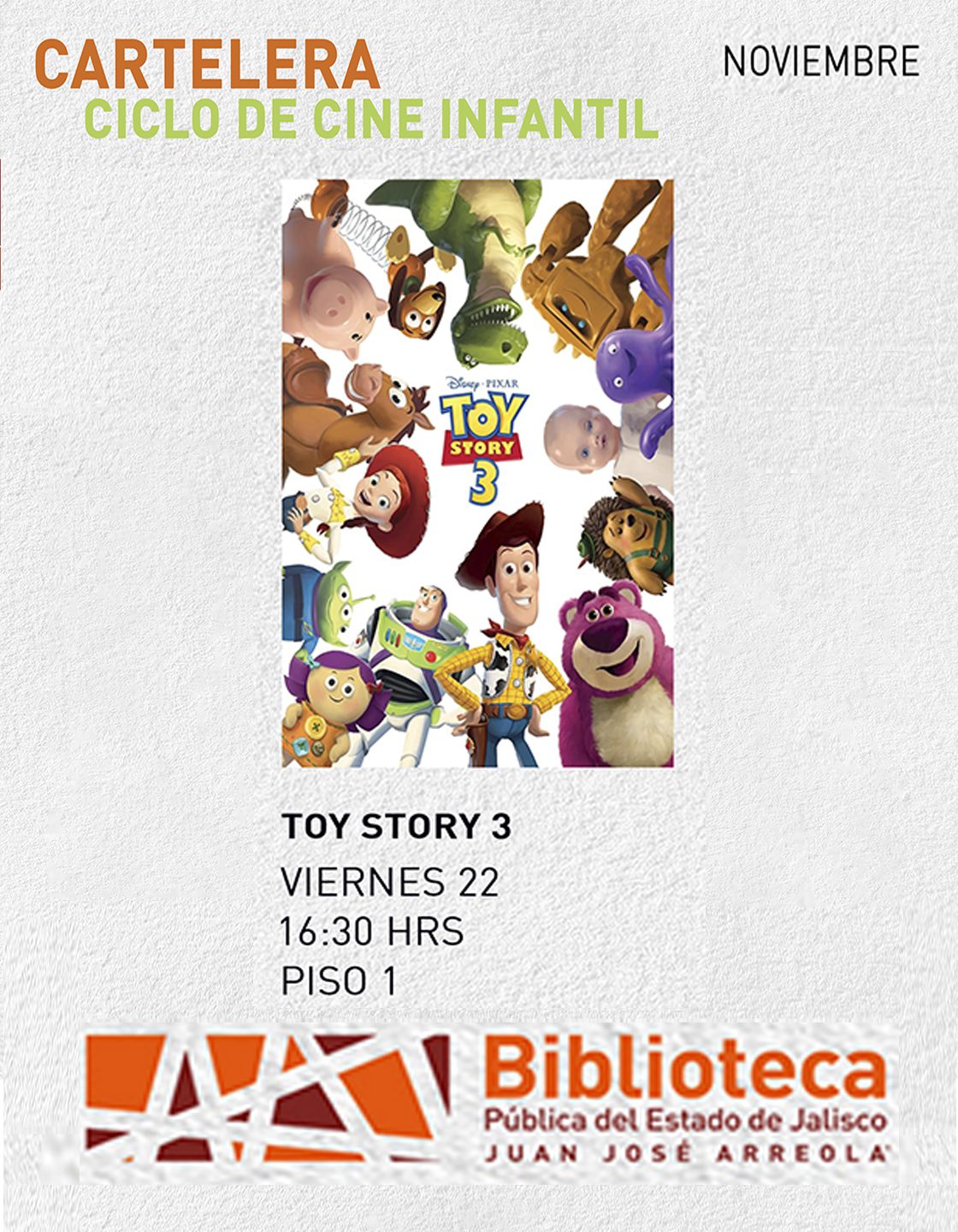 Cartel del Ciclo de cine infantil. Proyección de la cinta: Toy Story 3