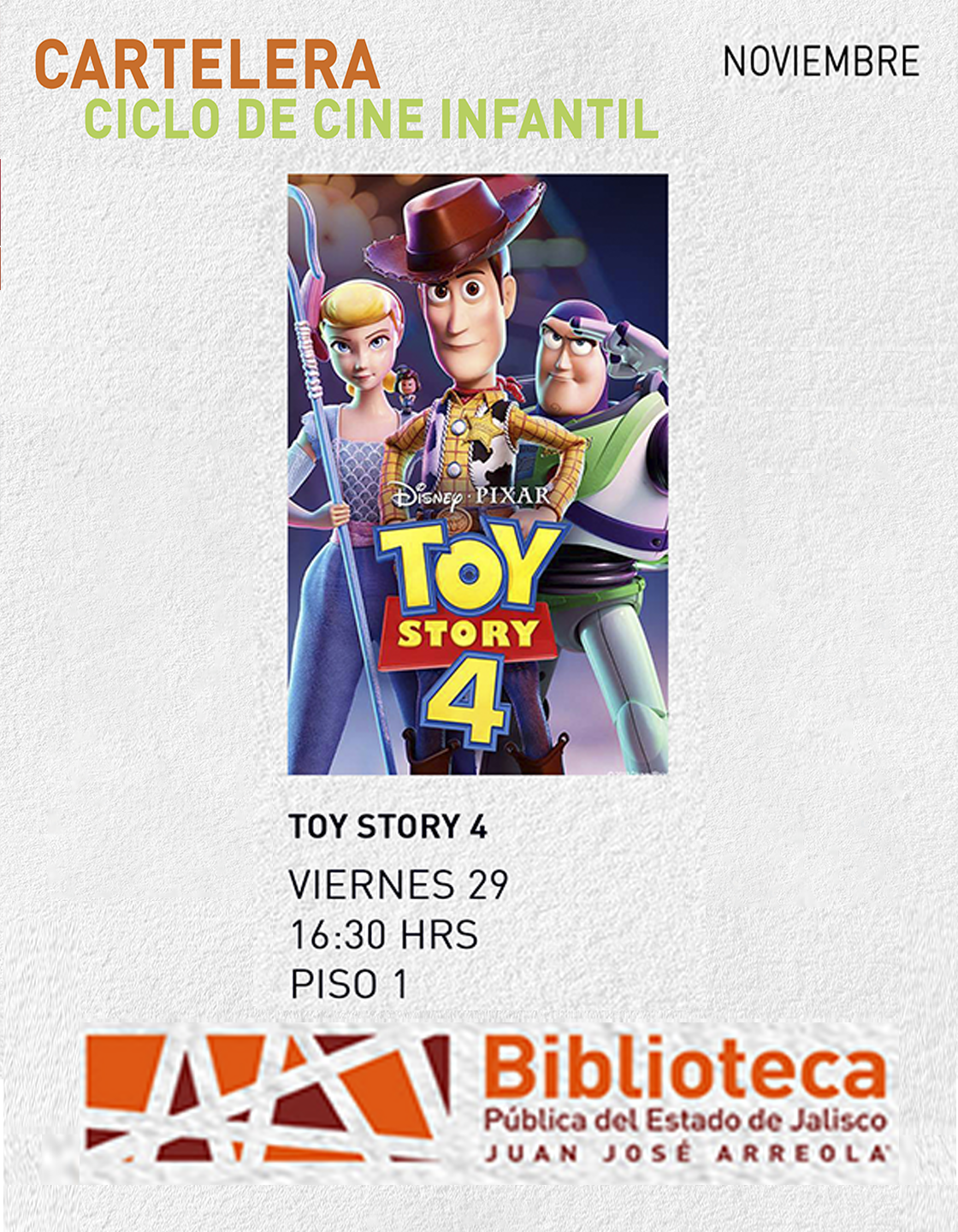 Cartel del Ciclo de cine infantil. Proyección de la cinta: Toy Story 4