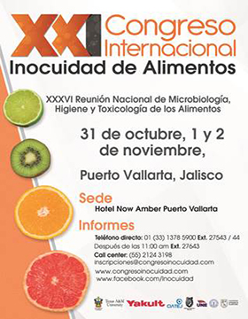 Cartel informativo para promocionar el Congreso Internacional Inocuidad de Alimentos 2019 que se realizará del 31 de octubre al 2 de noviembre 
