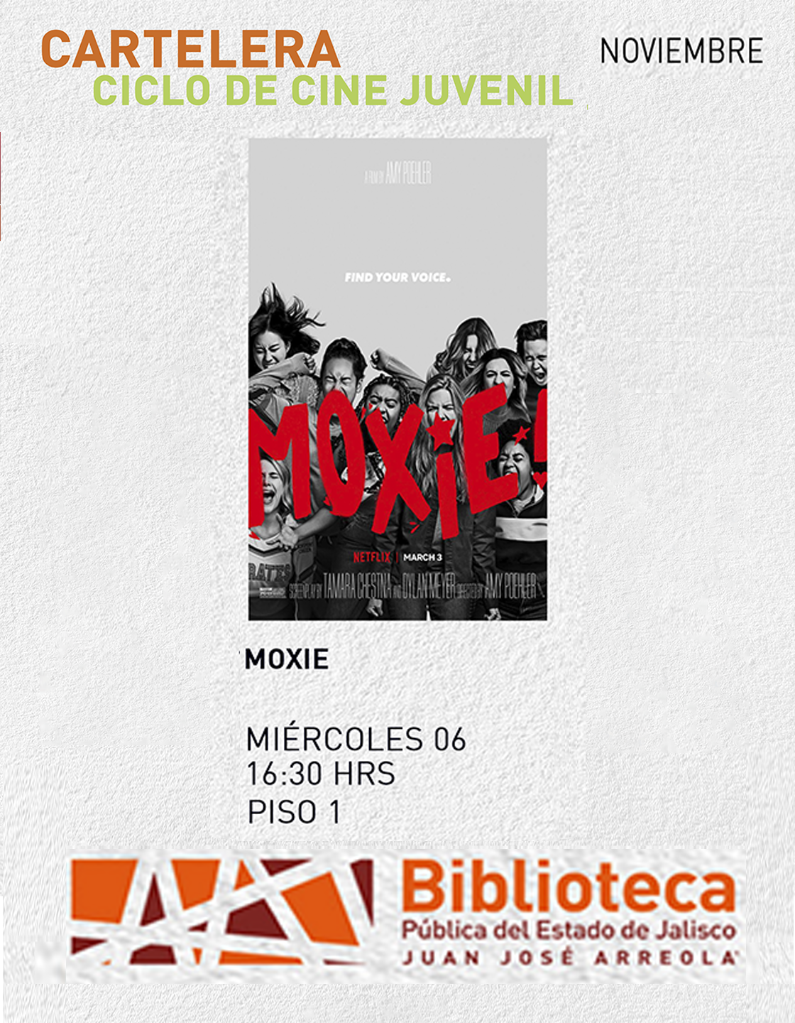 Cartel del Ciclo de cine juvenil. Proyección de la cinta: Moxie