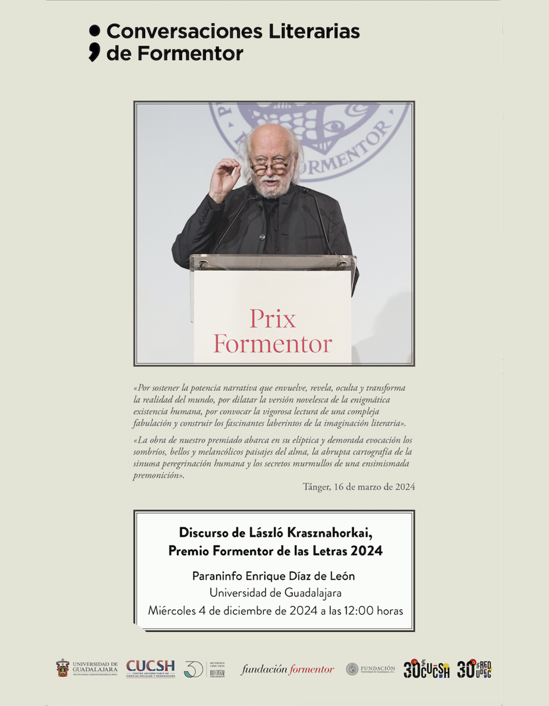 Cartel de la Cátedra Latinoamericana Julio Cortázar con László Krasznahorkai, escritor húngaro, Premio Formentor de las Letras 2024