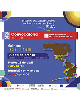 Grafico de la rueda de prensa para dar a conocer los detalles de la edición 2023 del Premio de Literaturas Indígenas de América (PLIA)