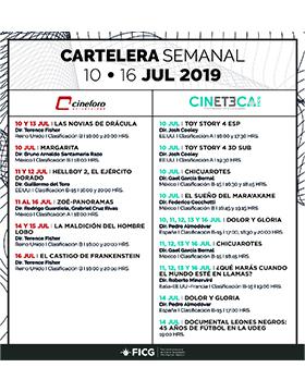 Folleto informativo con la cartelera semanal de la Cineteca FICG. Del 10 al 16 de julio. Cineforo Universidad y Cineteca del FICG