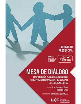 Cartel de la Mesa de diálogo. Título: Cooperación y bienestar humano. Una aproximación desde la Filosofía de los conflictos.